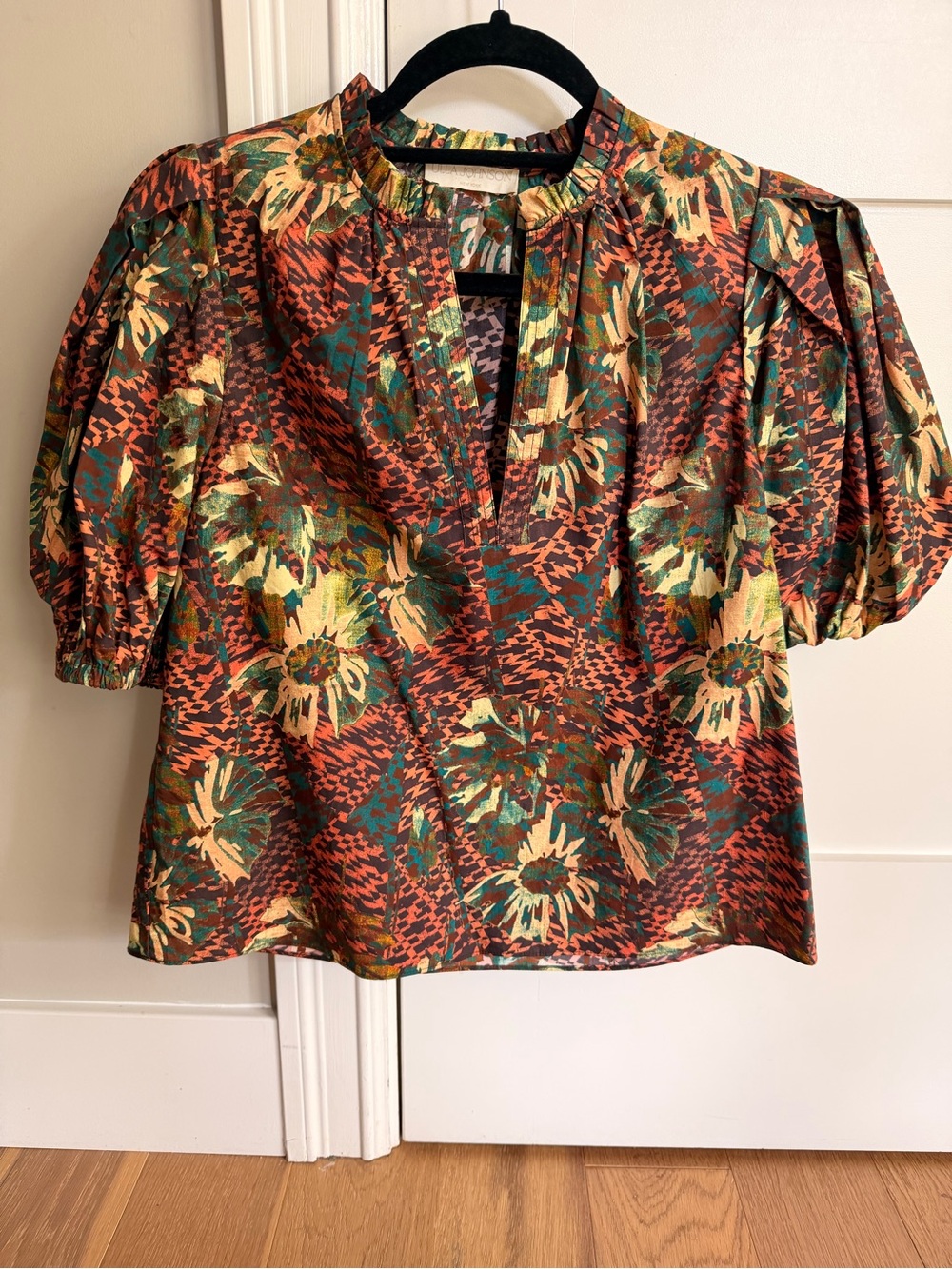 Ulla Johnson Rust, Green & Cream Floral Puff-Sleeve Blouse